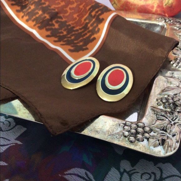 Vintage Brass Earrings with Enamel Studs Pierced 70’s Earrings - Picture 2 of 14